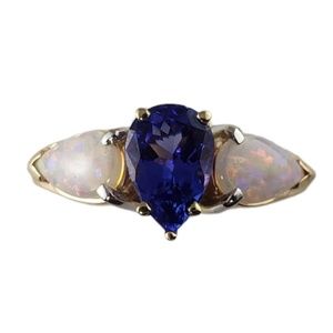 Vintage 14 Karat Yellow Gold Tanzanite & Opal Ring Size 7.25-7.5 JAGiCert #13769